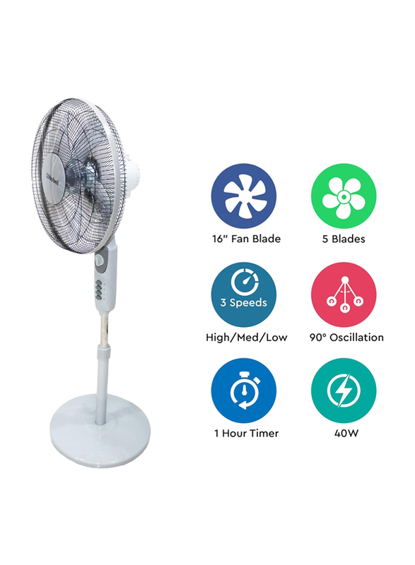 Nobel 16-inch 90 Degree Oscillation Stand Fan with 3 Speed 5 Blades and Timer, NF145, Grey