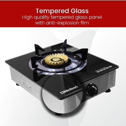 Nobel Heavy-Duty Cast Iron Single Stove Brass Burner with Piezo Ignition and High Quality Tempered Glass Panel, NGT1002G, Black