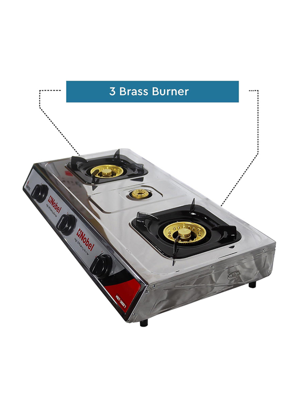 Nobel Cold Steel Paint Finish Look 3-Brass Burners Gas Stove with Piezo Ignition, NGT3007, Silver