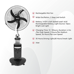Nobel 16-inch Fan Blade Rechargable Mist Standing Fan with 4 Stack Bright LED, NF888MRC, Black