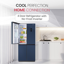 Nobel R600a French Four Door Bottom Freezer Refrigerator No Frost Inverter Tropical Cooling Digital Display with 4 Star Esma, 445L, NR640, Blue