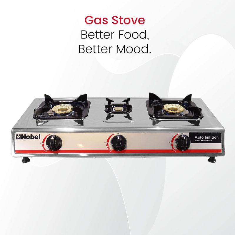 Nobel 3-Brass Gas Burner Stove with Stainless Steel Enamel Porcelain Trivet Auto Ignition, NGT3001, Silver