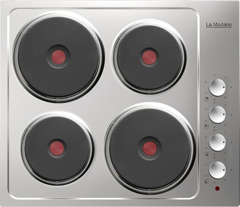 La Modano Stainless Steel 60cm Electric Hob with 4 Hot Plate, Knob Control, Front Nickel Knobs, 6 Heat Stages, Indicator Light - Sleek and Efficient - LMBH604ES Silver
