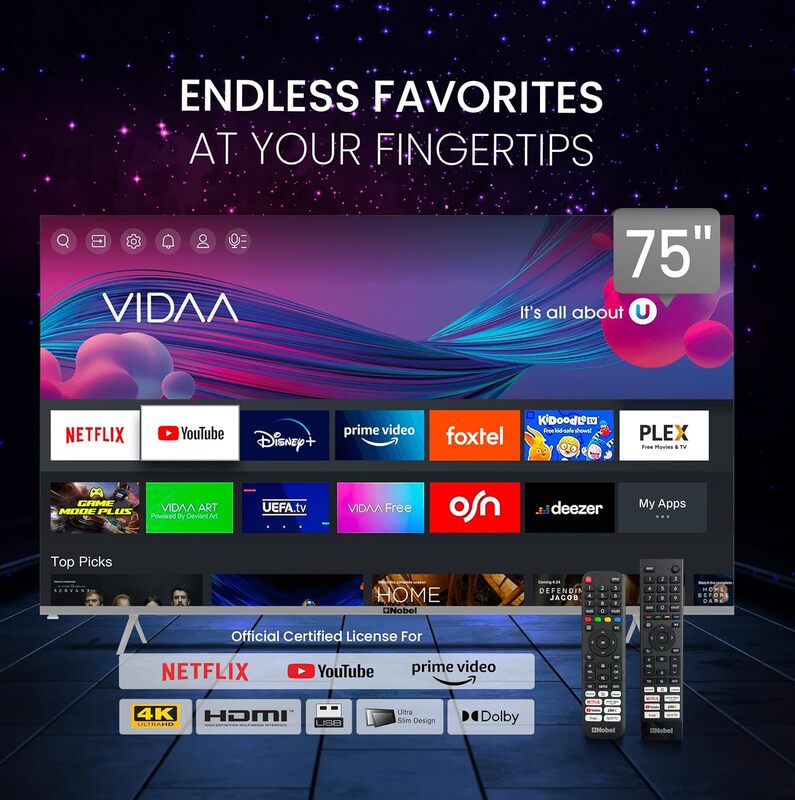 Nobel 75 Inch Diamond UHD VIDAA 4K Smart TV with VIDAA Voice Dolby Vision Bluetooth & WiFi UHD75VID Silver 2024 Model One Year Warranty