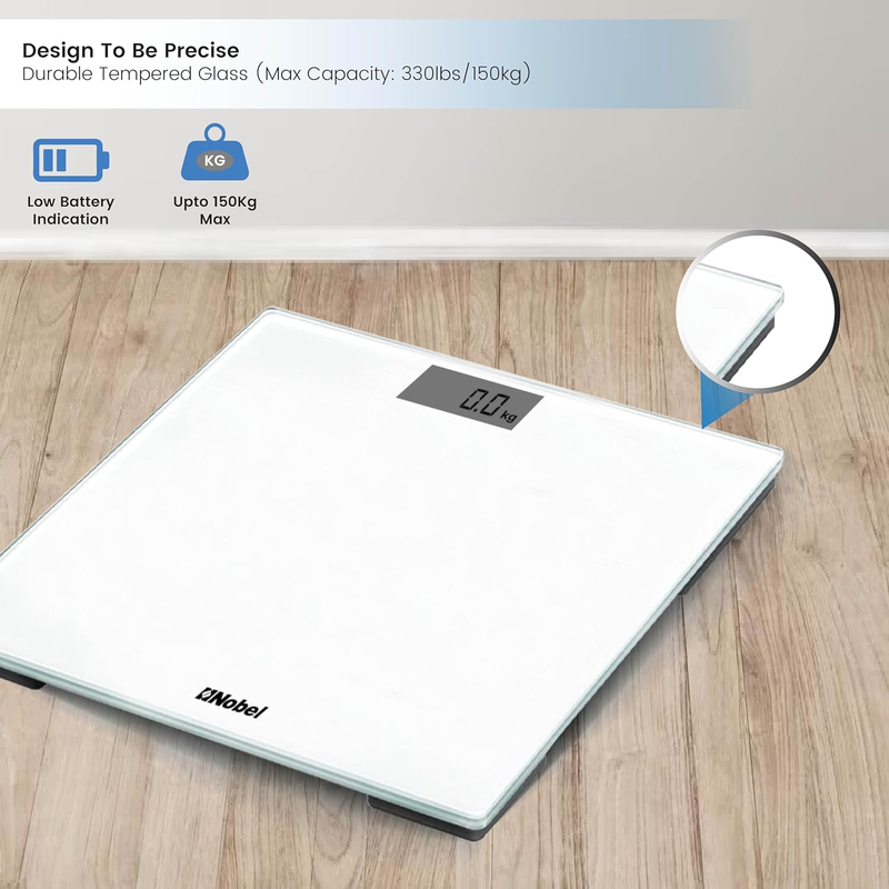 Nobel Bathroom Scale with LCD Display Tempered Glass Digital Anti Slip Feet Equipped With High Strain Gauge Sensors with 1 Year Warranty, White