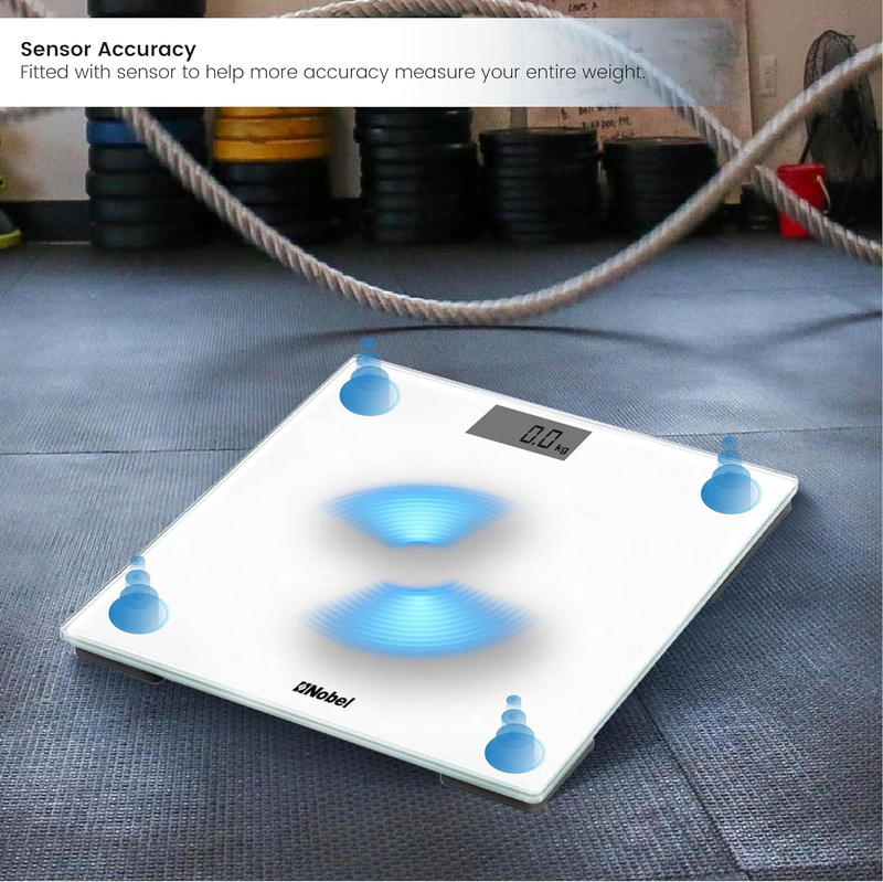 Nobel Bathroom Scale with LCD Display Tempered Glass Digital Anti Slip Feet Equipped With High Strain Gauge Sensors with 1 Year Warranty, White