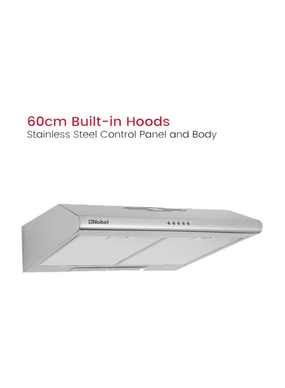 Nobel 60cm Built-in Hood Push Button Control 3 Spin Motor Stainless Steel Control Panel & Body Carbon Filter LED Light, Silver