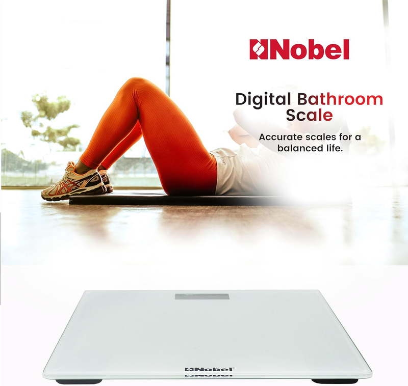 Nobel Bathroom Scale with LCD Display Tempered Glass Digital Anti Slip Feet Equipped With High Strain Gauge Sensors with 1 Year Warranty, White