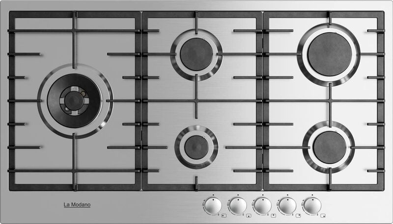 La Modano Stainless Steel 5 Burner Gas Hobs With, Cast Iron Pan Supports, Automatic Ignition, Flame Failure Device, Nickel Knob Controls - LMBH903GS Silver