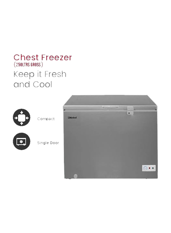 Nobel R600A Single Door Chest Freezer Recessed Handle With Lamp Gas Outside Condensor, 250L, NCF300RH, Silver