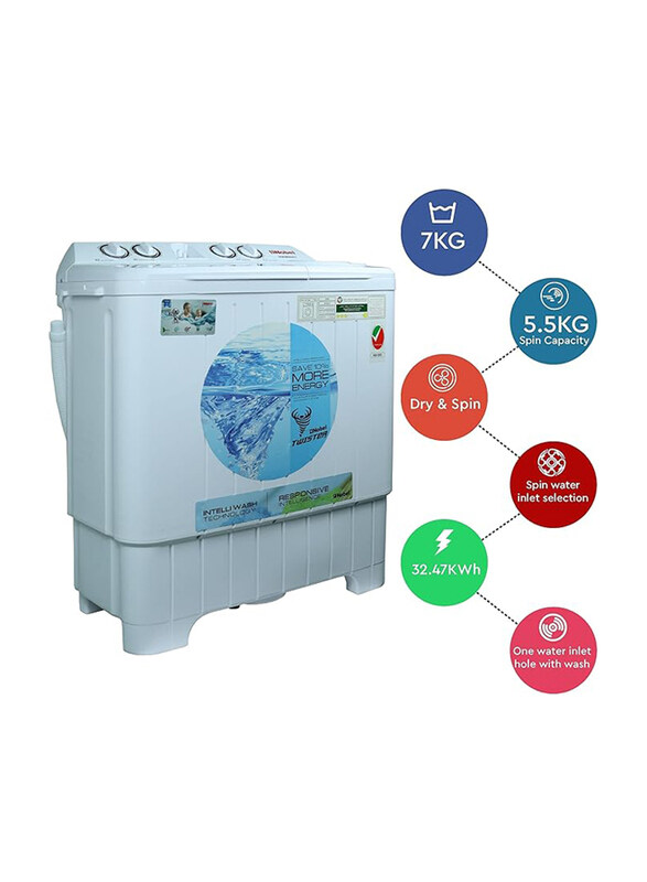 

Nobel 7 KG Washing 5 KG Spin Capacity Semi Automatic Twin Tub Washing Machine, Dry & Spin, Spin water inlet Selection, NWM8001, White