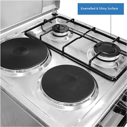 Nobel Electric & Gas Cooker 2 Gas Burner 2 Hot Plate Electric Grill & Electric Oven 6 Knob Manual Ignition Stainless Steel Lid, Silver