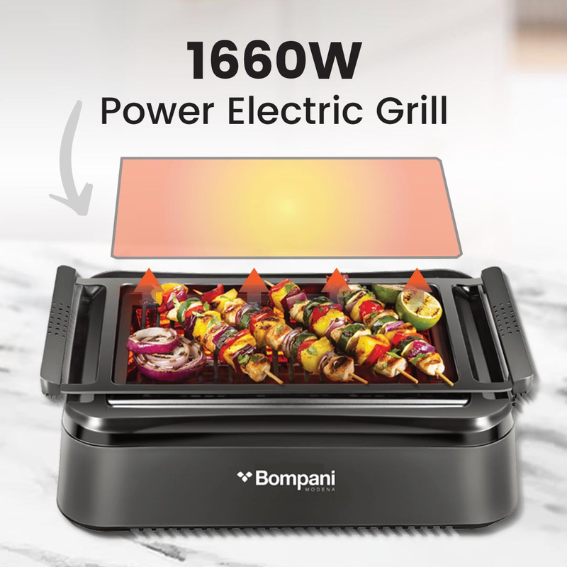 Bompani Indoor Smokeless Grill with Infrared Technology BBQ Grill, 1600W, BBQ007, Black