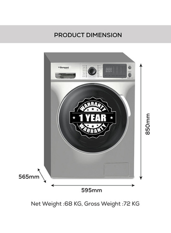 Bompani 8Kg Front Load Washing Machine, 1400 RPM, BO3003BI2878SS, Silver