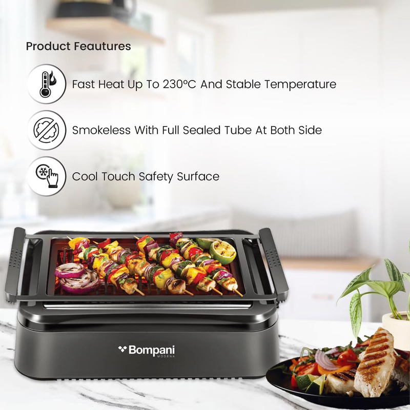 Bompani Indoor Smokeless Grill with Infrared Technology BBQ Grill, 1600W, BBQ007, Black