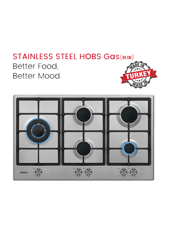 Nobel Built-in Hobs Stainless Steel 90cm 5 Gas Burners FFD Cast Iron Grids, Silver