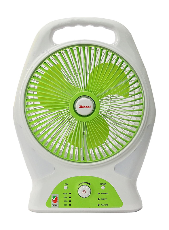 Nobel 8-inch Blade Rechargable Portable Fan and 9 Speed Box Function 22 LED Lights, NBF87R, Green/White