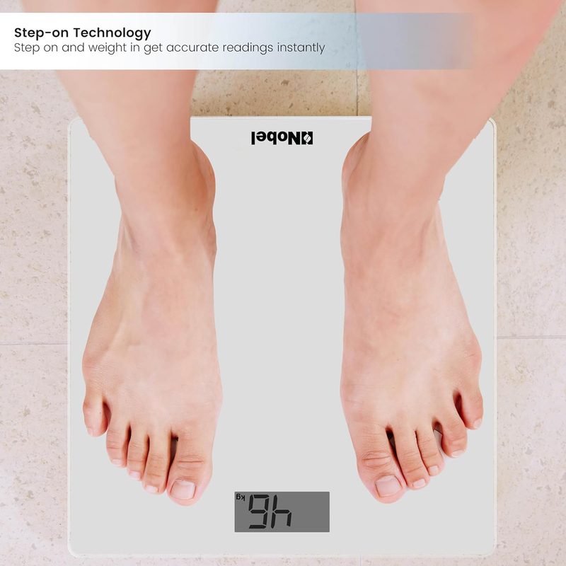 Nobel Bathroom Scale with LCD Display Tempered Glass Digital Anti Slip Feet Equipped With High Strain Gauge Sensors with 1 Year Warranty, White