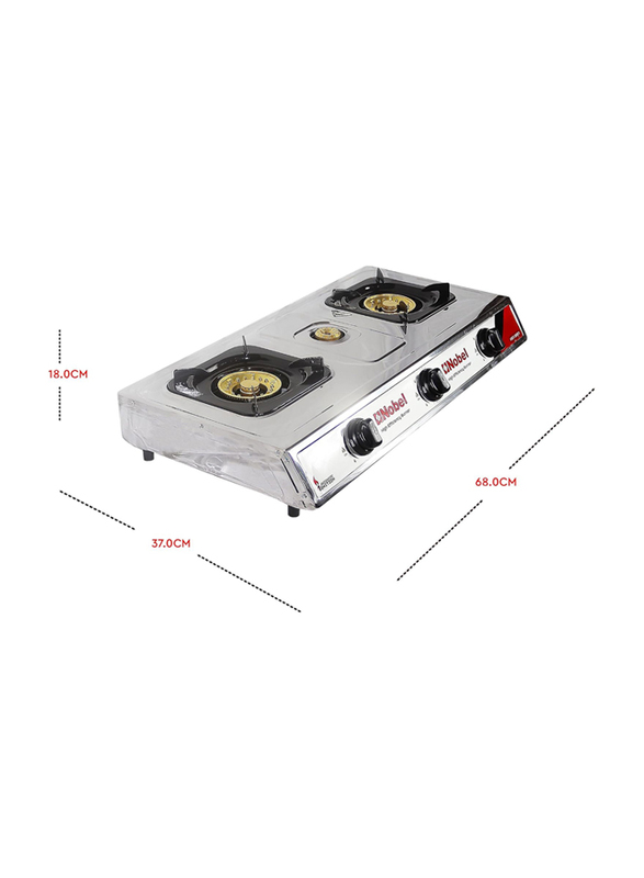 Nobel Cold Steel Paint Finish Look 3-Brass Burners Gas Stove with Piezo Ignition, NGT3007, Silver