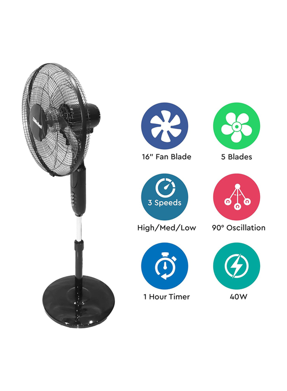 Nobel 16-inch with 3 Speed 5 Highlight Efficient Blades & 90 Degree Oscillation Stand Fan with Multi Speed Function, NF150, Black