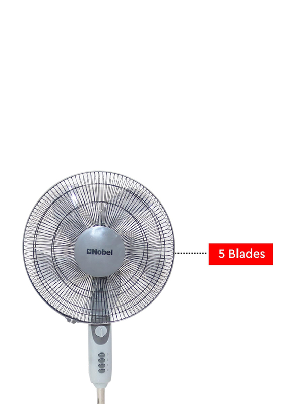 Nobel 16-inch 90 Degree Oscillation Stand Fan with 3 Speed 5 Blades and Timer, NF145, Grey