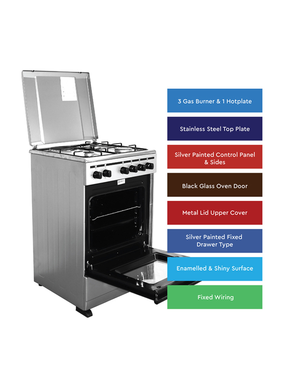 Nobel 3 Gas Burner 1 Hot Plate Electric Grill & Electric Oven 6 Knob, Manual Ignition Electric & Gas Cooker, Silver