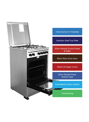 Nobel 3 Gas Burner 1 Hot Plate Electric Grill & Electric Oven 6 Knob, Manual Ignition Electric & Gas Cooker, Silver