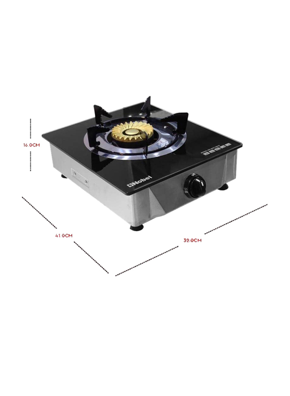 Nobel Heavy-Duty Cast Iron Single Stove Brass Burner with Piezo Ignition and High Quality Tempered Glass Panel, NGT1002G, Black