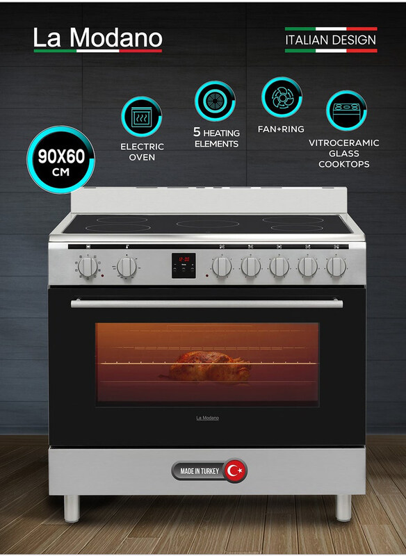 

La Modano 90x60 Cm Electric Oven, 5 Vitroceramic Glass Zones, Digital Timer, Triple Glass Door, Catalytic Enamel, Cooling Fan, LMC904VT, Inox