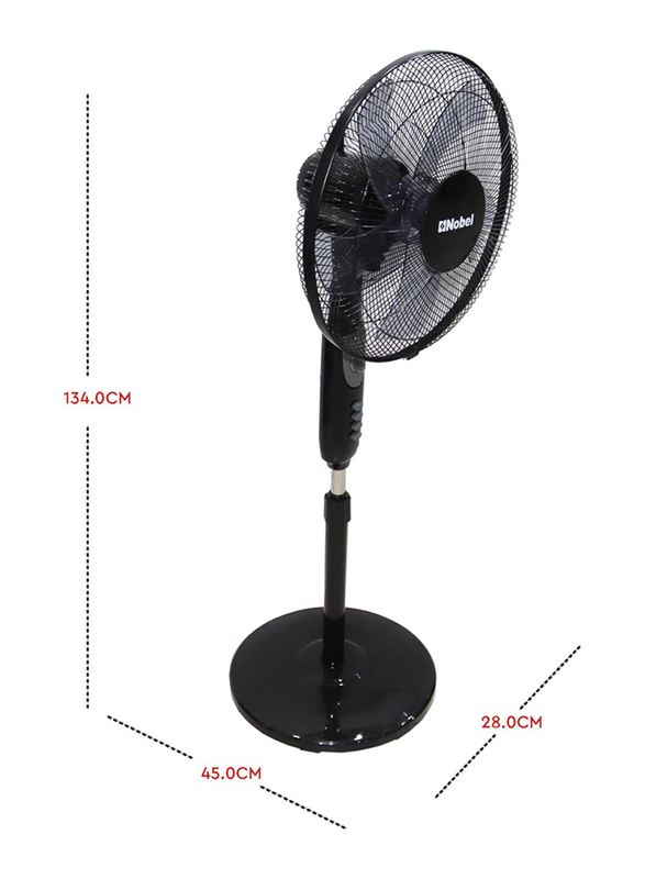 Nobel 16-inch 90 Degree Oscillation Stand Fan with Multi Speed Function and 3 Blades, NF140, Black