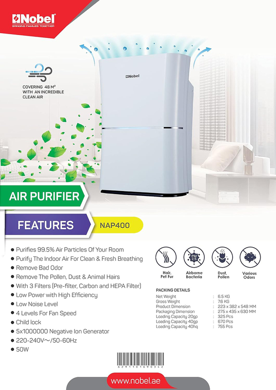 Nobel Air Purifier 48 Square Meter Area To Clean 3 Filters 4 Speed LED Indicator, NAP400, White