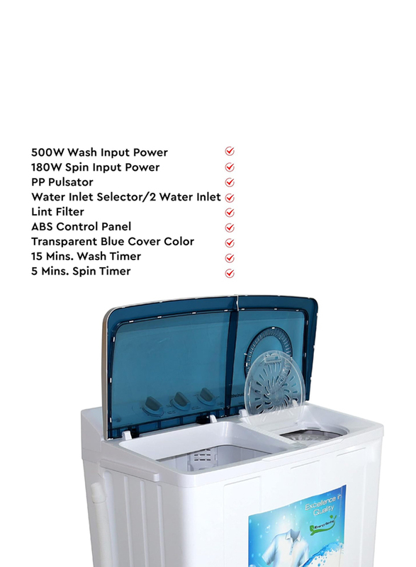 Nobel 9 KG Washing 5.5 KG Spin Capacity Twin Tub Semi Auto Washer, Powerful 500W Wash, 180W Spin, 1300RPM, 5 Min Spin, Lint Filter, NWM1000RH, White