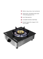 Nobel Heavy-Duty Cast Iron Single Stove Brass Burner with Piezo Ignition and High Quality Tempered Glass Panel, NGT1002G, Black