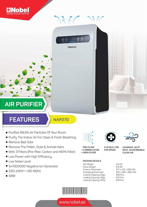 Nobel 3 Filters Air Purifier 32M2 Area To Clean 4 Fan Level Speedand Led Indicator, NAP270, White