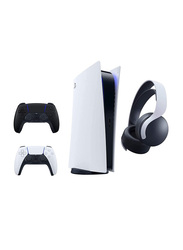 Sony PlayStation 5 Digital Edition Console UAE Version, with 1 Extra Pulse 3D Headset and 2 x Midnight Black DualSense Controller, White/Black 