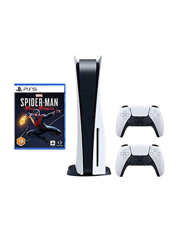 Sony PlayStation 5 Disc Standard Edition Console with Extra DualSense Controller and PS5 Spiderman Miles Morales Game, White