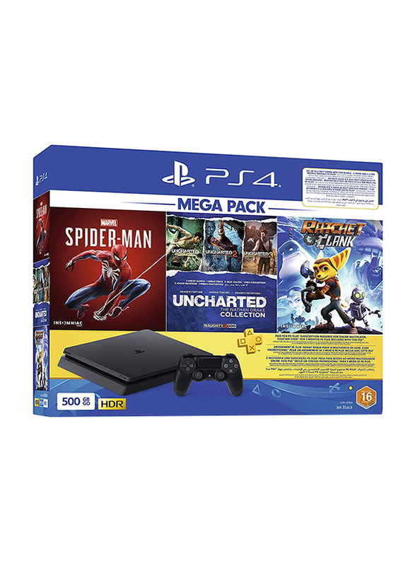 Sony PlayStation 4 Slim Console, 500 GB, with 2 DualShock 4 Controllers and 3 Games (Ratchet & Clank, Spiderman, Uncharted Collection), Black
