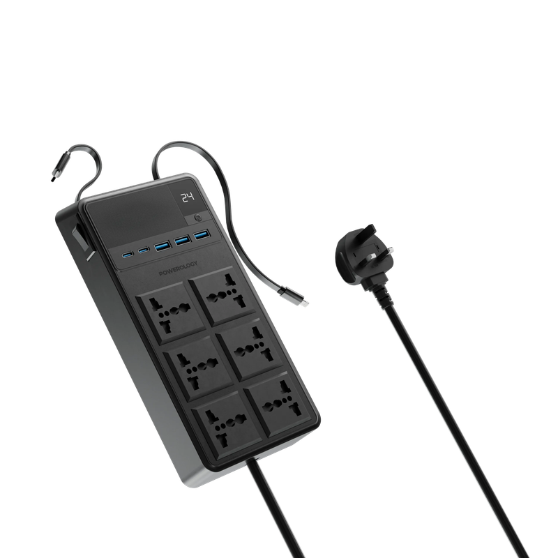

Powerology 2500W 6AC Power Strip with Built-In Retractable Cables - Black