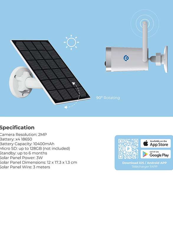 Powerology Outdoor Surveillance Camera with Solar Panel, White