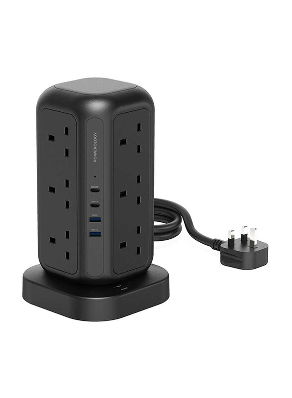 

Powerology 12 Socket Multi-Port Tower Hub Extension, Black