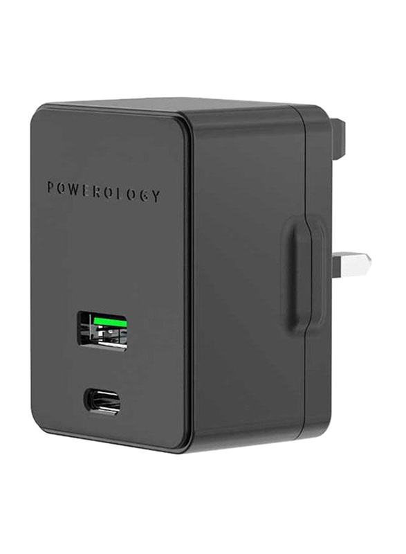 Powerology Ultra-Quick PD Dual Ports Charger, 36W, with 1.2-Meter Type-C Cable, Black