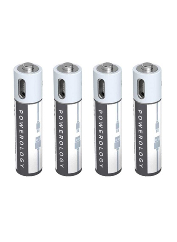 Powerology AAA USB Rechargeable Battery, 4 Pieces, White
