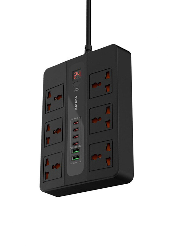 

Porodo 6 Way Multi-Port Super Hub Extension Socket with 2 USB Port, Black