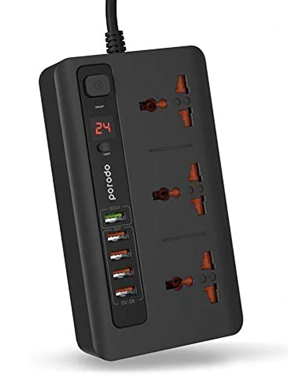 Porodo 3 Way Power Socket & USB Hub, Black