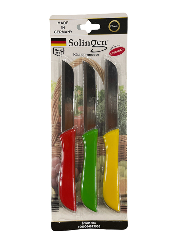 Solingen 3-Piece S-Solid Handle Colour Knives Set, Multicolour