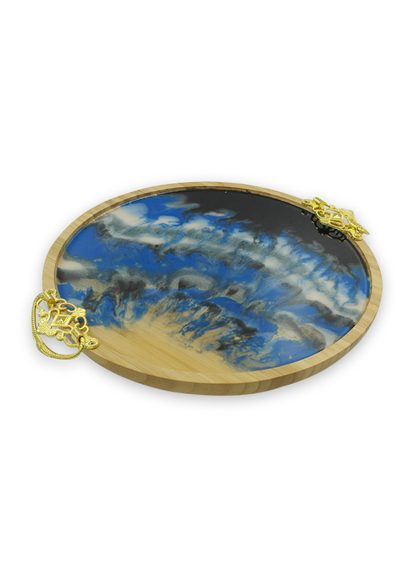 Aayrah Round Tray with Handles, Blue/Black/Gold