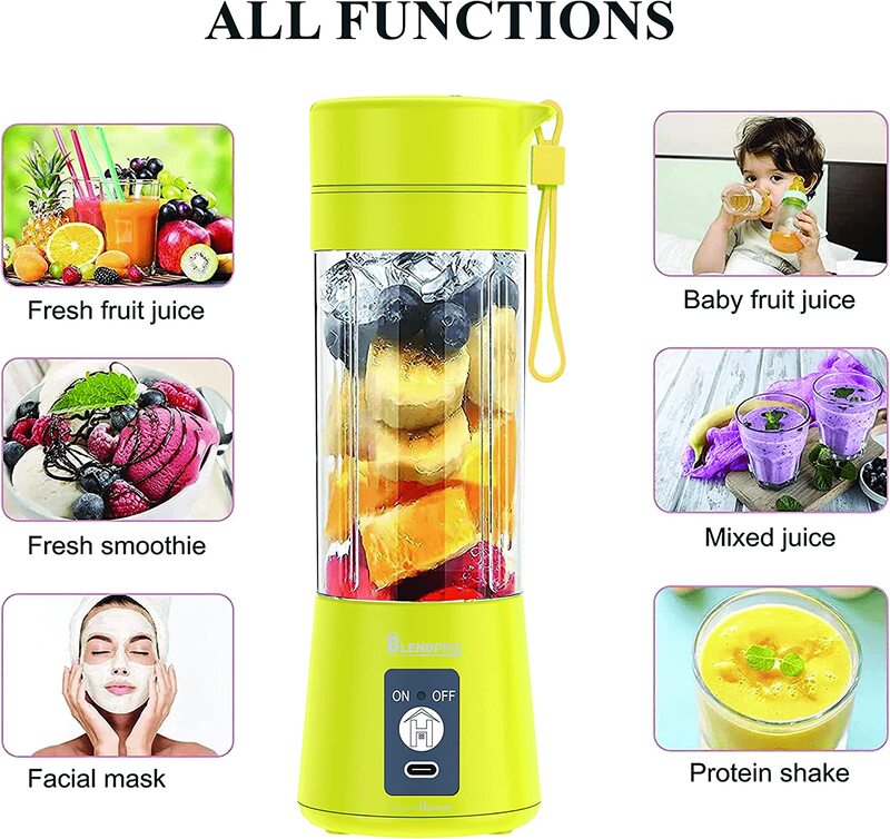 Home Pro Blendpro Portable and Rechargeable Battery Juicer Blender, Yellow