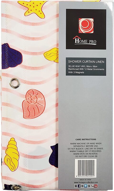 Home Pro Printed Shell PVC Shower Curtain, 180cm, Multicolour