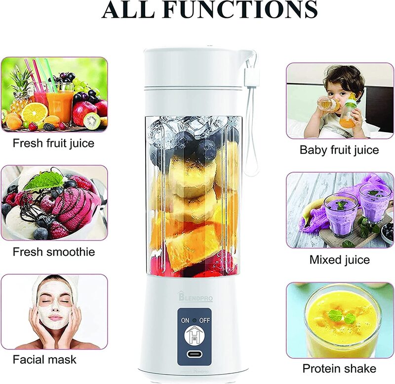Home Pro Blendpro Portable and Rechargeable Battery Juicer Blender, White