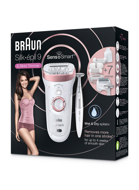 Braun Silk-epil 9 SensoSmart 9-890 Wet & Dry Epilator with 7 Extras Including 3-in-1 Bikini Trimmer for Women, 8 Pieces, White/Rose Gold